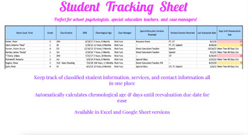 Preview of Student Tracking Sheet - School Psychologists, Special Education
