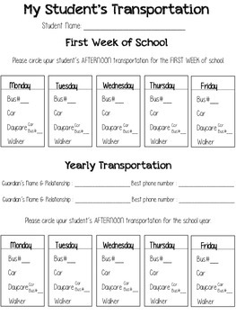 Preview of Student Transportation Form