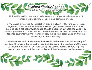 Preview of Student Weekly Agenda