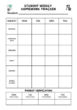 Preview of Student Weekly Homework Tracker (Black & White)