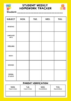 Preview of Student Weekly Homework Tracker (Full Color)