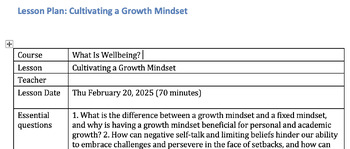 Preview of Student Wellbeing Cultivating a Growth Mindset Lesson Plan