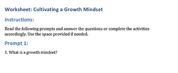 Preview of Student Wellbeing Cultivating a Growth Mindset Worksheet