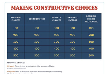 Preview of Student Wellbeing Decision Making Jeopardy Game