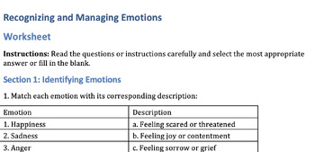 Preview of Student Wellbeing Managing Emotions Worksheet