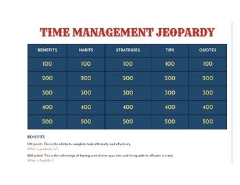 Preview of Student Wellbeing Time Management Jeopardy