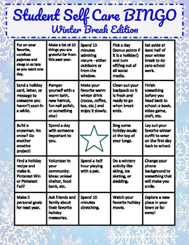 Student Winter Break Self Care Bingo