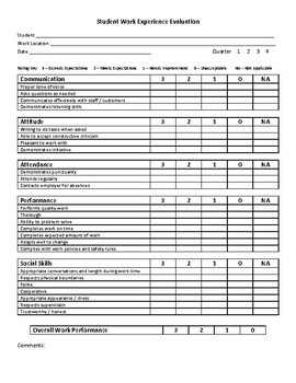 Preview of Student Work Experience Evaluation Rubric - job skills evaluation