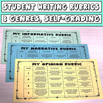 Preview of Student Writing Rubrics | 3 Genres | Self-Grading Writing Rubric