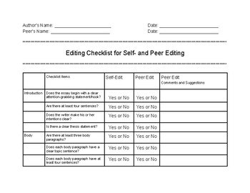 Preview of Student and Peer Editing Checklist