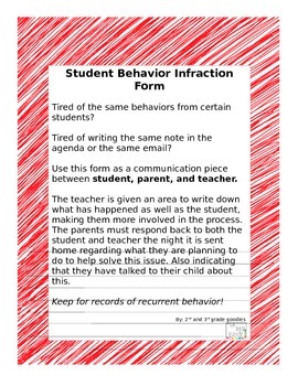 Preview of Student behavior infraction form