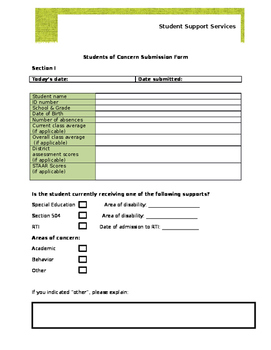 Preview of Student concern referral form - Response to Intervention (RTI)