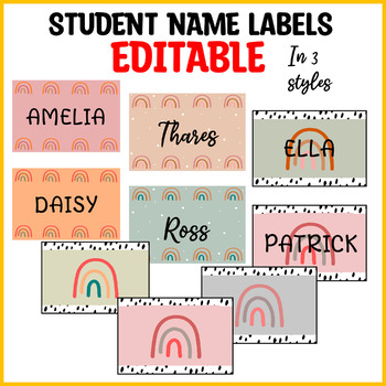Preview of Student nametags, Boho Rainbow Student Name Plates, Editable Student Labels