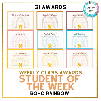 Preview of Student of The Week Weekly Class Awards Certificates Boho Rainbow Growth Mindset