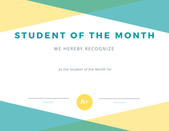 Preview of Student of the Month Certificate Teal/Yellow