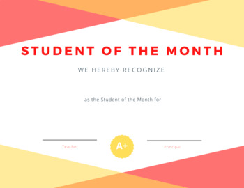 Preview of Student of the Month Certificate Yellow/Red