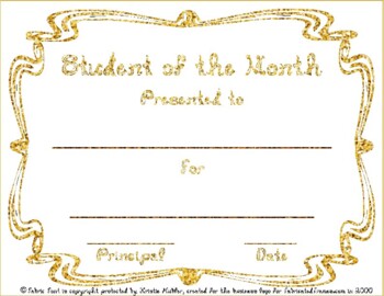 Preview of Student of the Month award certificate Gold Glitter Fabric Font style letters