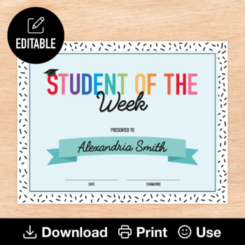 Preview of Student of the Week Certificate, Editable & Printable, Star of the Week Award