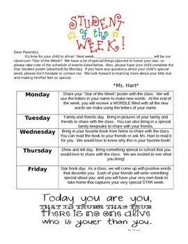 Preview of Student of the Week Parent Letter