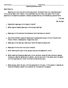 Preview of Student reading questionnaire/beginning of year