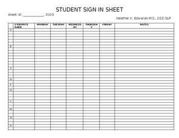 Preview of Student sign in Sheet