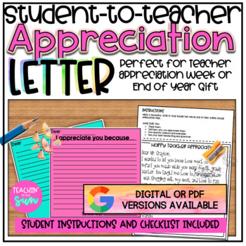 Teacher Appreciation Student Letter to Teacher, End of Year Letter