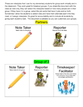 Preview of Student virtual and printable roles/Jobs for small group work 