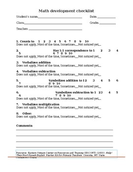 ESL Students Math development checklist in 1 page(editable & fillable ...