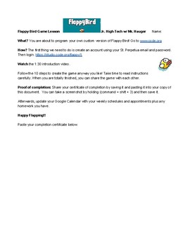 Preview of Students Program Their Own Flappy Bird Game Instructions for Getting Started