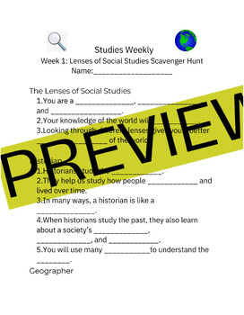 Preview of Studies Weekly Third Grade Week 1 Scavenger Hunt Lenses of Social Studies(23/24)