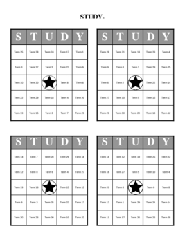 Preview of Study Bingo: Print 32 Different Bingo Cards and Master List : (4 Per Page)