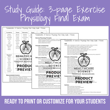 Preview of Study Guide: 3-page Exercise Physiology Final Exam (EDITABLE)