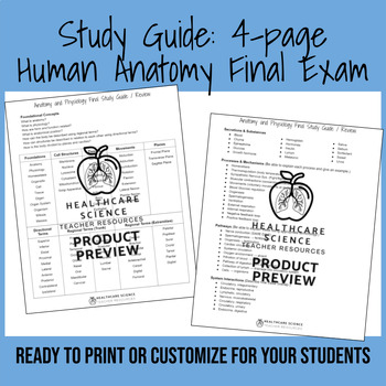 Preview of Study Guide: 4-page Human Anatomy Final Exam (EDITABLE)