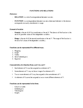 Preview of Study Guide/Handout for Mathematics (Functions and Relations)