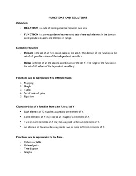 Preview of Study Guide/ Handouts in Functions and Relations (Mathematics)