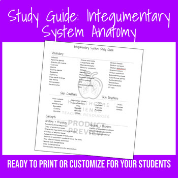 Preview of Study Guide: Integumentary System Anatomy (EDITABLE)