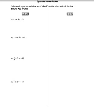Preview of Study Guide - Solving Equations and Word Problems