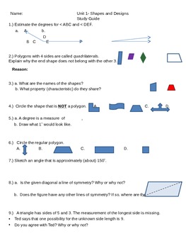 Preview of Study Guide and Unit Assessment for Shapes and Designs from CMP3