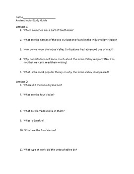 Preview of Study Guide for Ancient India Test