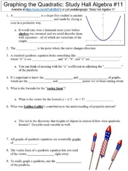 Preview of Study Hall Algebra #11 (Graphing the Quadratic) worksheet