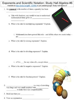 Preview of Study Hall Algebra #6 (Exponents and Scientific Notation) worksheet