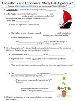 Preview of Study Hall Algebra #7 (Logarithms and Exponents) worksheet