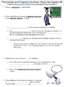 Preview of Study Hall Algebra #8 (Polynomials and Imaginary Numbers) worksheet