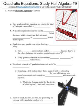 Preview of Study Hall Algebra #9 (Quadratic Equations) worksheet
