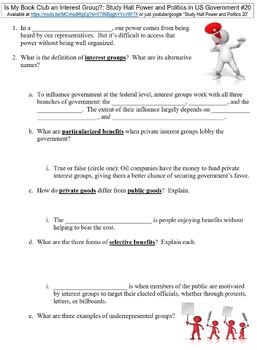 Preview of Study Hall US Government #20 (Is My Book Club an Interest Group?) worksheet