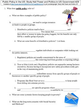 Preview of Study Hall US Government #29 (Public Policy in the US) worksheet