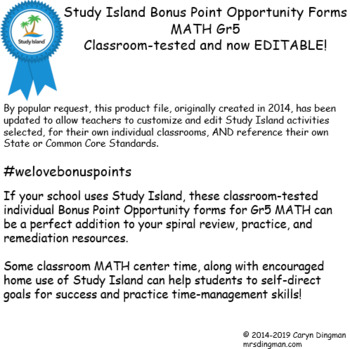 Preview of Study Island Gr5 Math Bonus Opportunity Forms EDITABLE