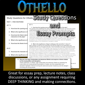 Preview of OTHELLO Study Questions & Essay Prompts (review, test, lecture) on DOCX