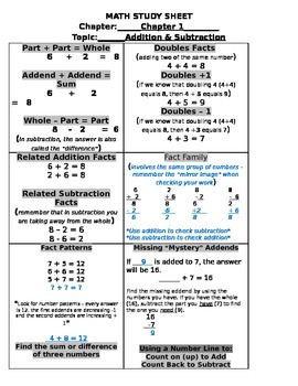 Preview of Study Sheet - Addition and Subtraction Facts
