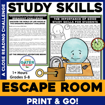 Preview of Study Skills Escape Room | Life Skills & Growth Mindset Close Reading Activity